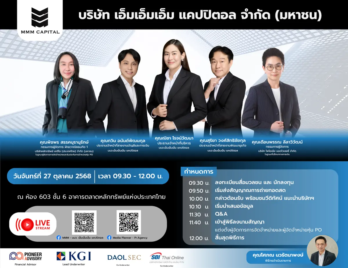 บมจ.เอ็มเอ็มเอ็ม แคปปิตอล หรือ MMM เตรียมลุย “Press Conference & Retail Investor Roadshow” ในรูปแบบ Hybrid นำเสนอขายหุ้นสามัญเพิ่มทุนให้กับประชาชนทั่วไป (PO) จำนวนไม่เกิน 64.2...