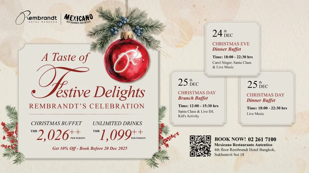 Celebrate the Festive Season 2025 in Bangkok at Rembrandt Hotel Bangkok, featuring the Best Christmas Eve Buffet, Christmas Brunch Bangkok, Christmas dinner Bangkok, and an unforgettable New...