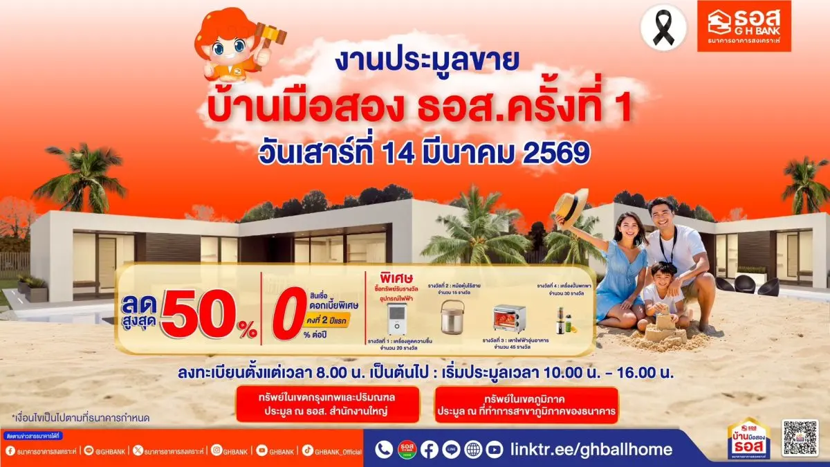 ธนาคารอาคารสงเคราะห์ (ธอส.) เดินหน้ากระตุ้นภาคอสังหาริมทรัพย์ จัดงานประมูลขายบ้านมือสอง ธอส. ครั้งที่ 1 ปี 2569 นำทรัพย์คุณภาพดี ทำเลเด่นกว่า 12,000 รายการทั่วประเทศ ออกจำหน่ายลดราคาสูงสุด 50...