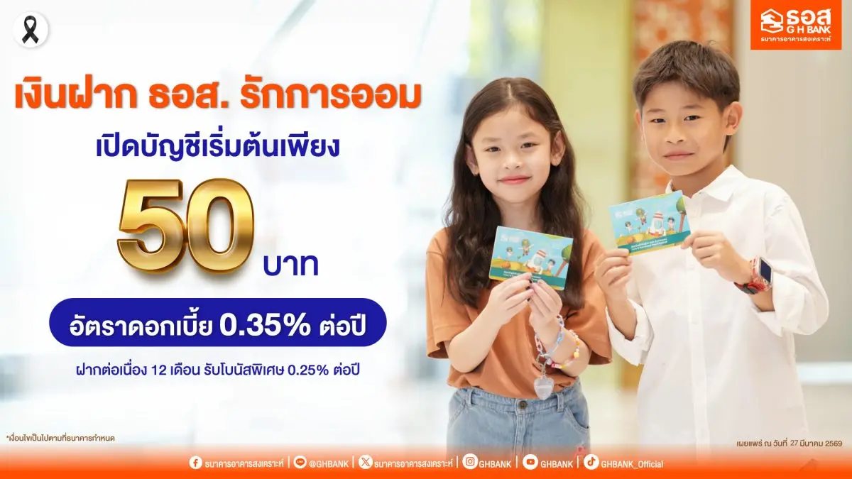 เปิดบัญชีเริ่มต้นเพียง 50 บาท กับ “เงินฝาก ธอส. รักการออม”รับอัตราดอกเบี้ย 0.35% ต่อปี พร้อมโบนัสพิเศษ 0.25% ต่อปี เมื่อฝากต่อเนื่อง