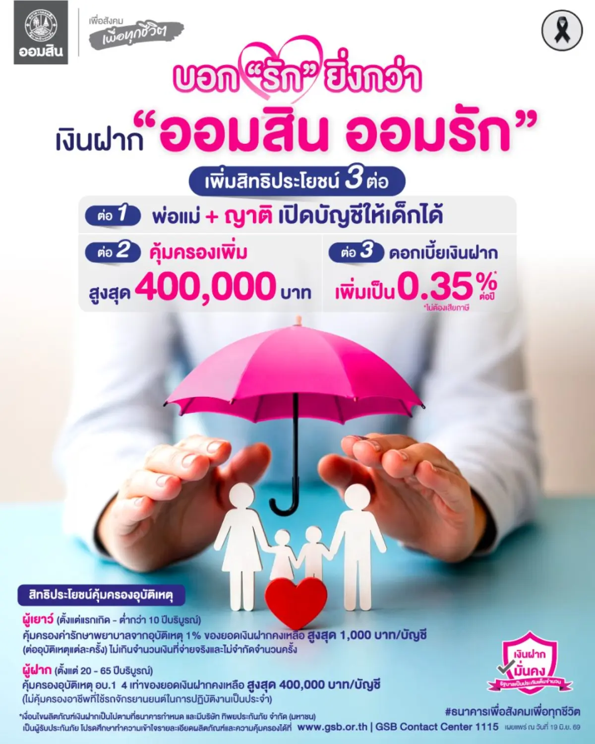 ให้ญาติเปิดบัญชีและรับความคุ้มครองได้ เพิ่มวงเงินประกันสูงสุด 4 แสนบาท เพิ่ม ด/บ เงินฝากเป็น 0.35% ต่อปี นายทรงพล ชีวะปัญญาโรจน์ ผู้อำนวยการธนาคารออมสิน เผยความสำเร็จของผลิตภัณฑ์เงินฝากรูปแบบ...