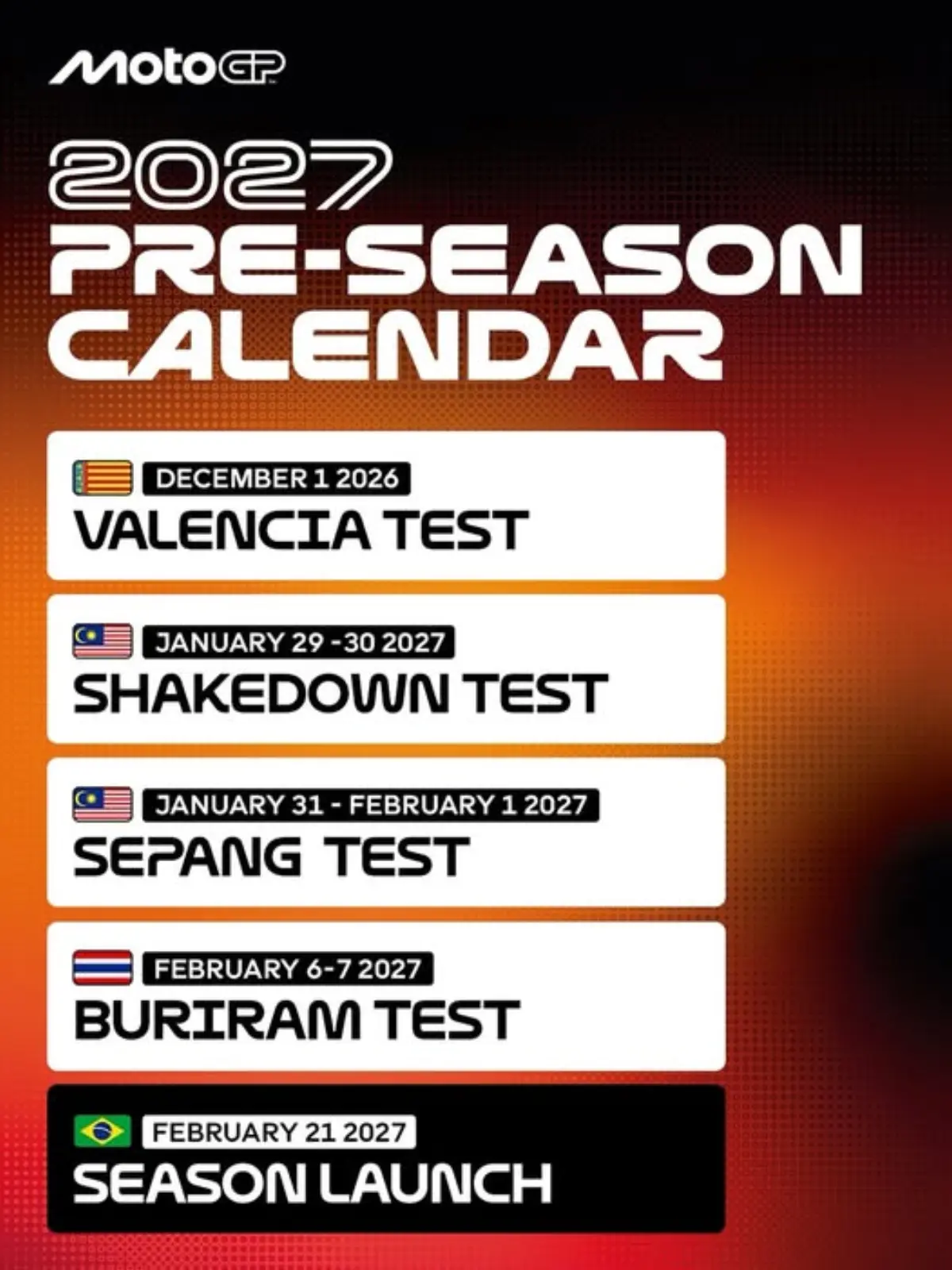 MotoGP ประกาศตารางการทดสอบรถแข่ง (Pre-season) ประจำฤดูกาล 2027 อย่างเป็นทางการแล้ว โดยจะเริ่มต้นศักราชใหม่ “New Era” ของการแข่งขันรถจักรยานยนต์ทางเรียบชิงแชมป์โลก ซึ่งแฟนมอเตอร์สปอร์ตทั่ว...